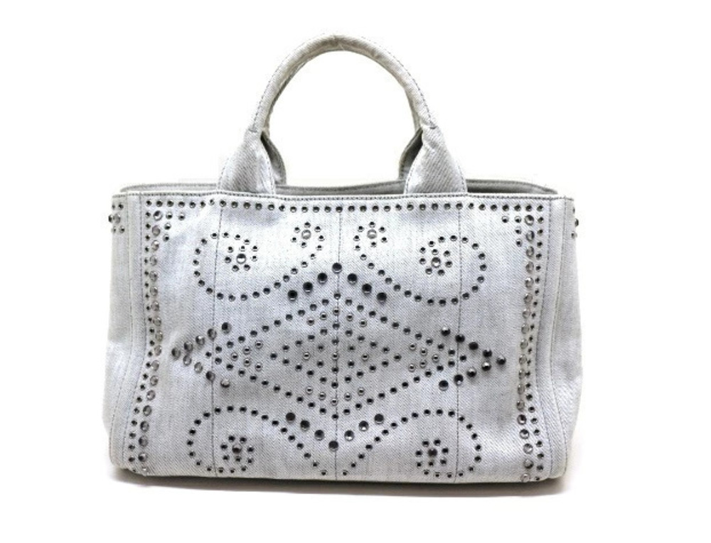 Prada shoulder tote bag Canapa Gray denim canvas rhinestones